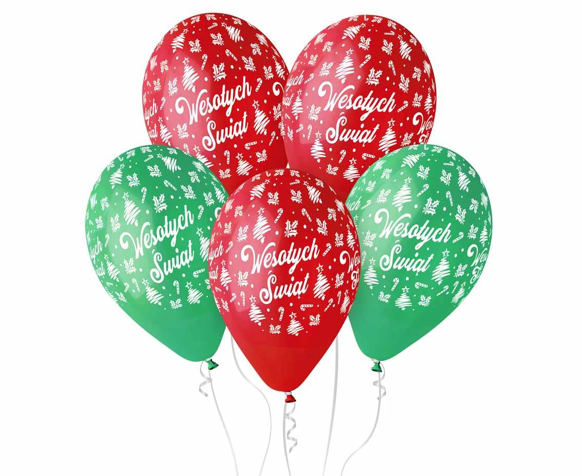 Balloons Gemar 13", pastel premium helium happy holidays, red & green, 5pcs EOL