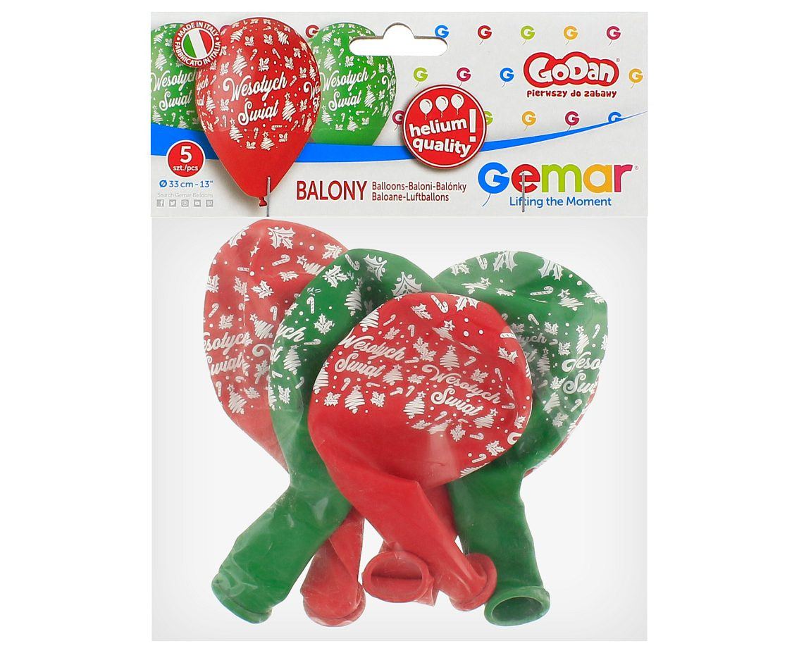 Balloons Gemar 13", pastel premium helium happy holidays, red & green, 5pcs EOL