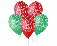 Balloons Gemar 13", pastel premium helium happy holidays, red & green, 5pcs EOL