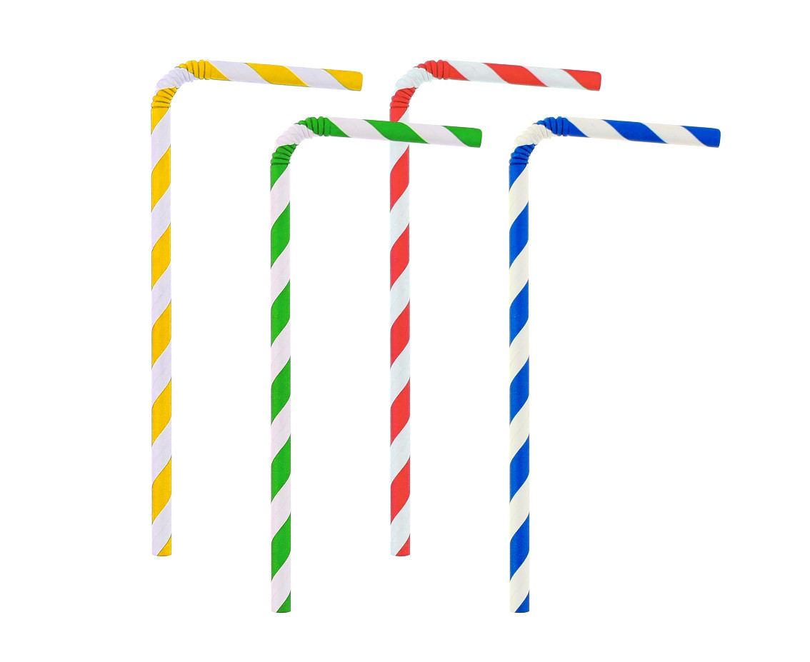 Flexible paper drinking straws in stripes, mix of colours, 6x200mm / 100 pcs, EC EOL