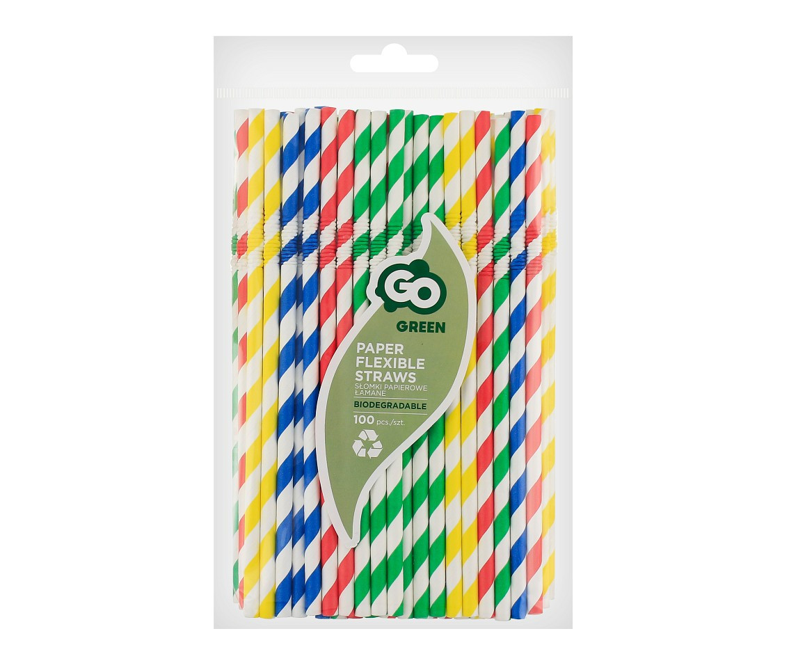 Flexible paper drinking straws in stripes, mix of colours, 6x200mm / 100 pcs, EC EOL