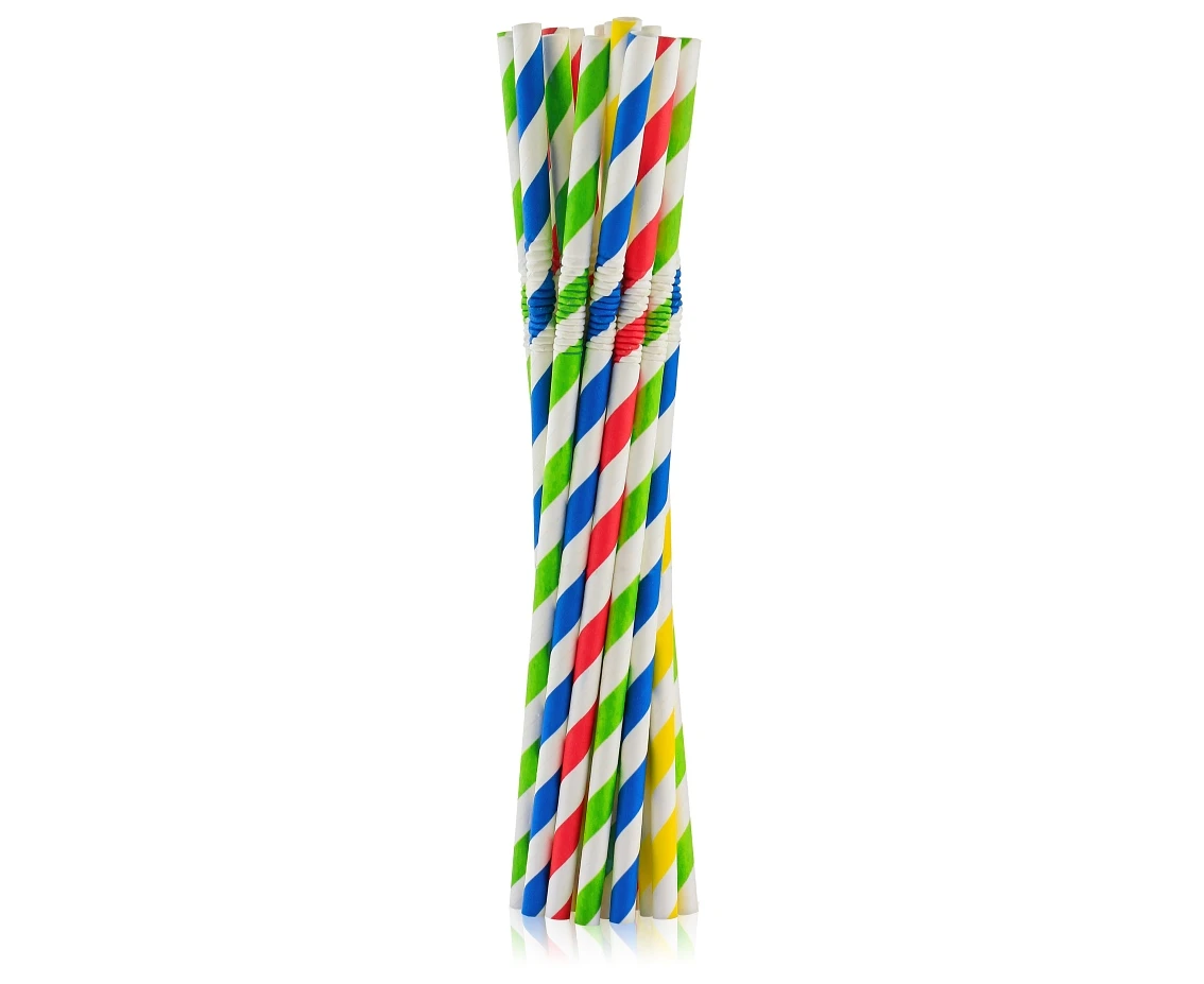 Flexible paper drinking straws in stripes, mix of colours, 6x200mm / 100 pcs, EC EOL