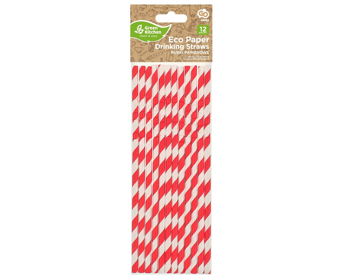 Flexible paper drinking straws, red stripes, 6x200mm / 12 pcs EOL