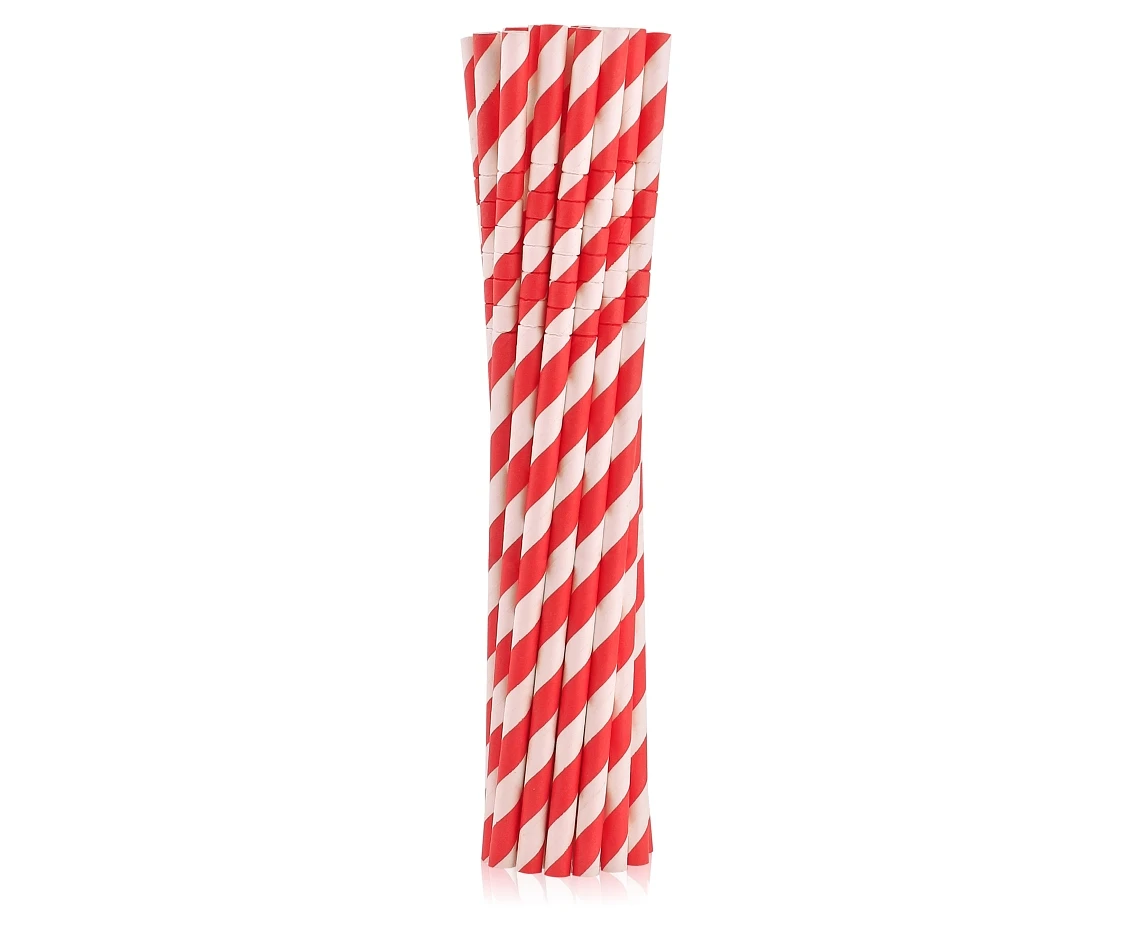 Flexible paper drinking straws, red stripes, 6x200mm / 12 pcs EOL