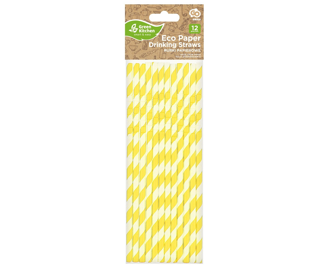 Flexible paper drinking straws, yellow stripes, 6x200mm / 12 pcs, EC EOL