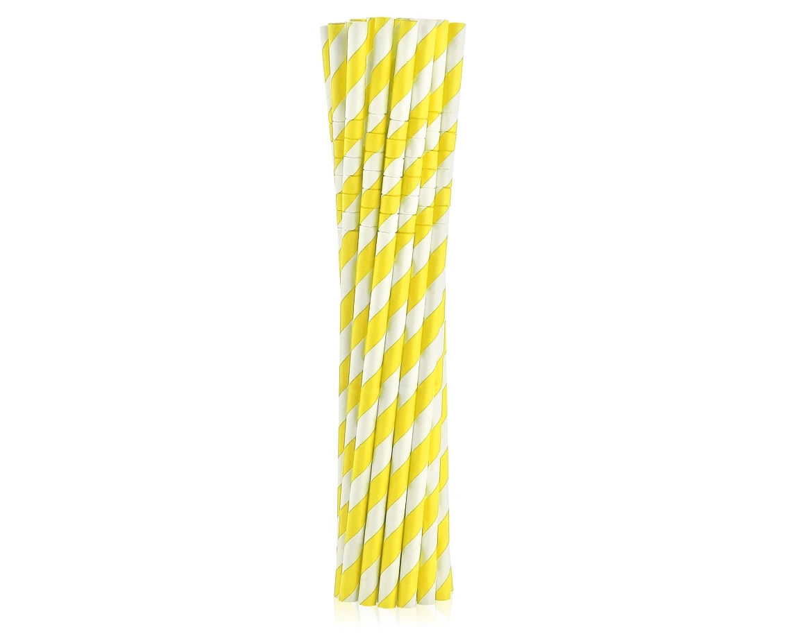 Flexible paper drinking straws, yellow stripes, 6x200mm / 12 pcs, EC EOL