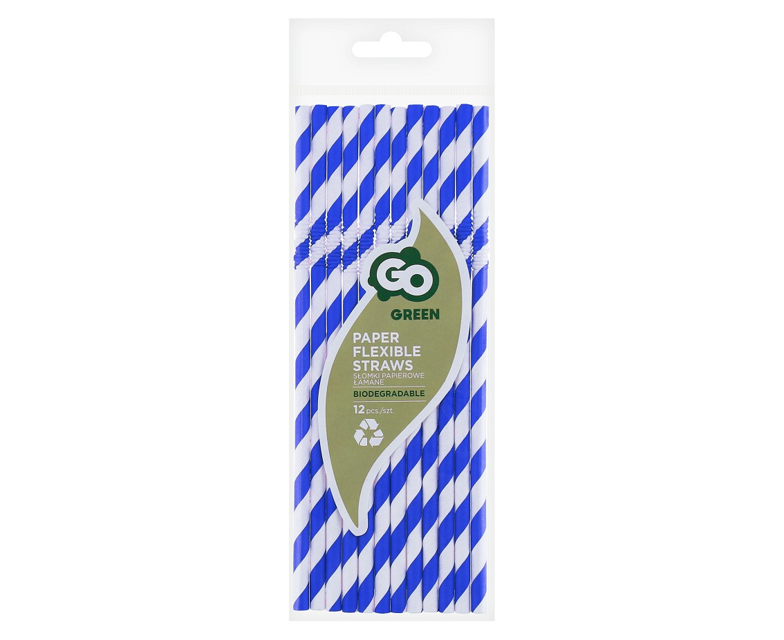 Flexible paper drinking straws, blue stripes, 6x200mm / 12 pcs, EC EOL