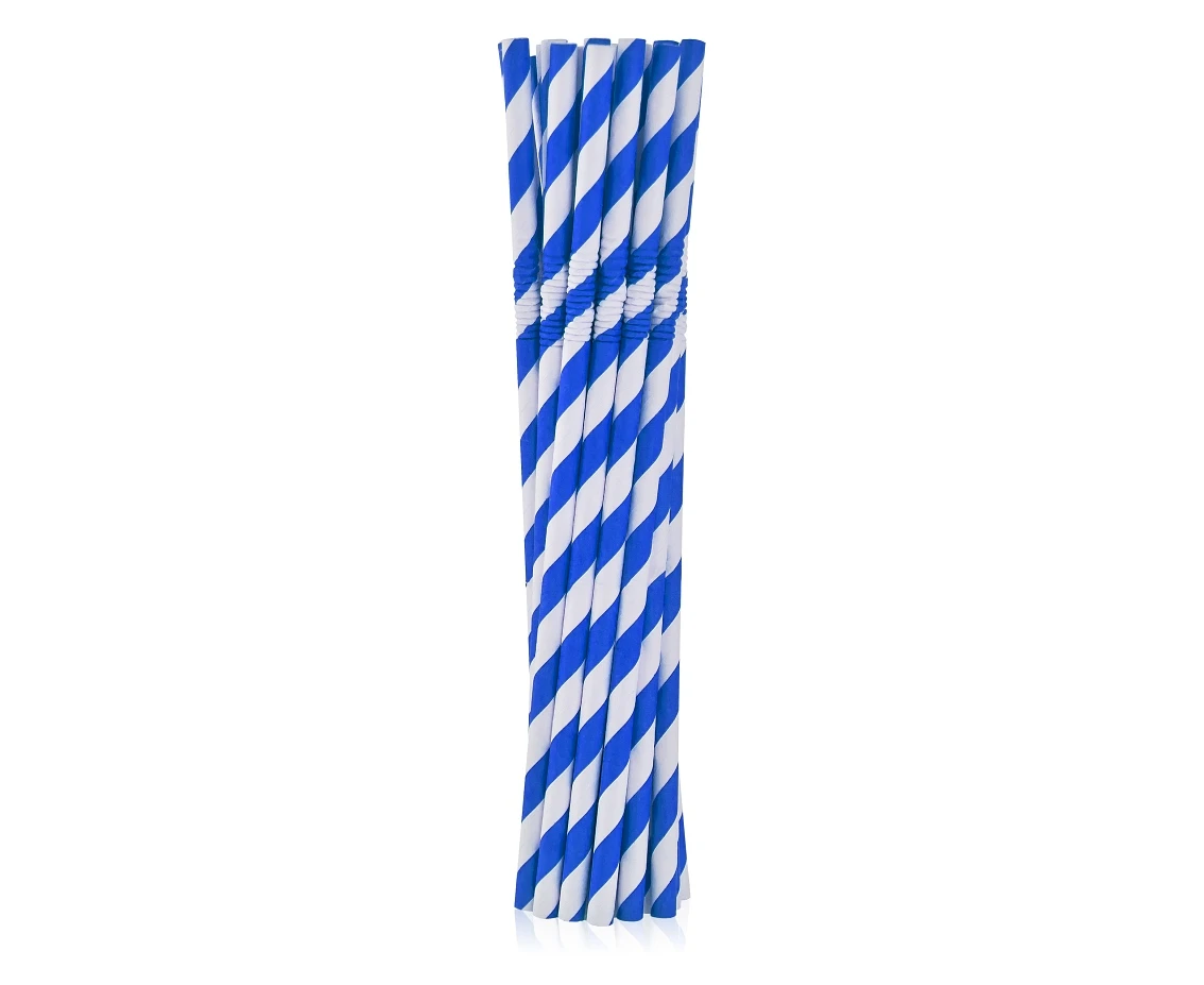 Flexible paper drinking straws, blue stripes, 6x200mm / 12 pcs, EC EOL