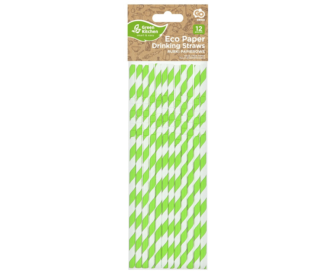 Flexible paper drinking straws, green stripes, 6x200mm / 12 pcs EC EOL