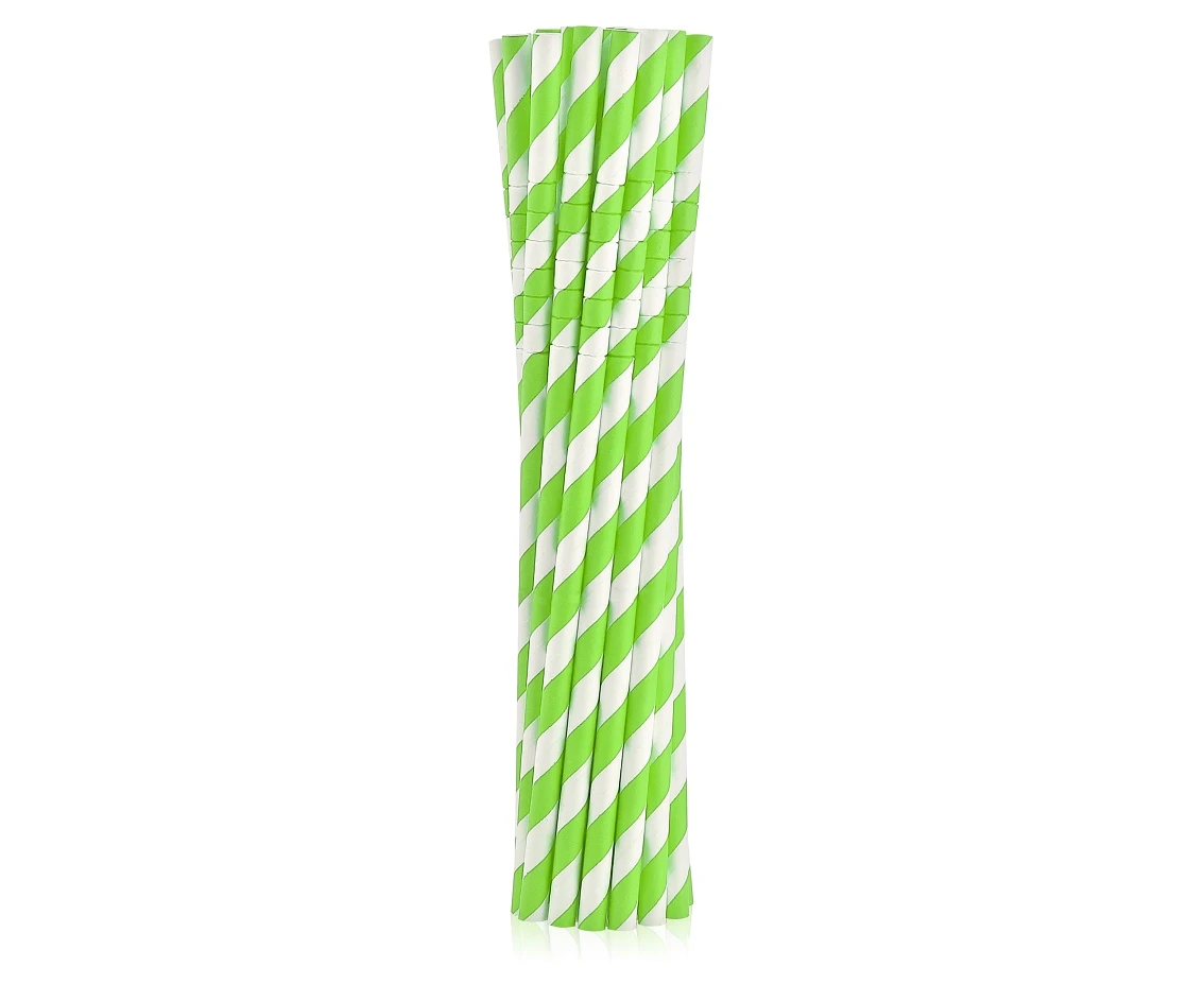 Flexible paper drinking straws, green stripes, 6x200mm / 12 pcs EC EOL
