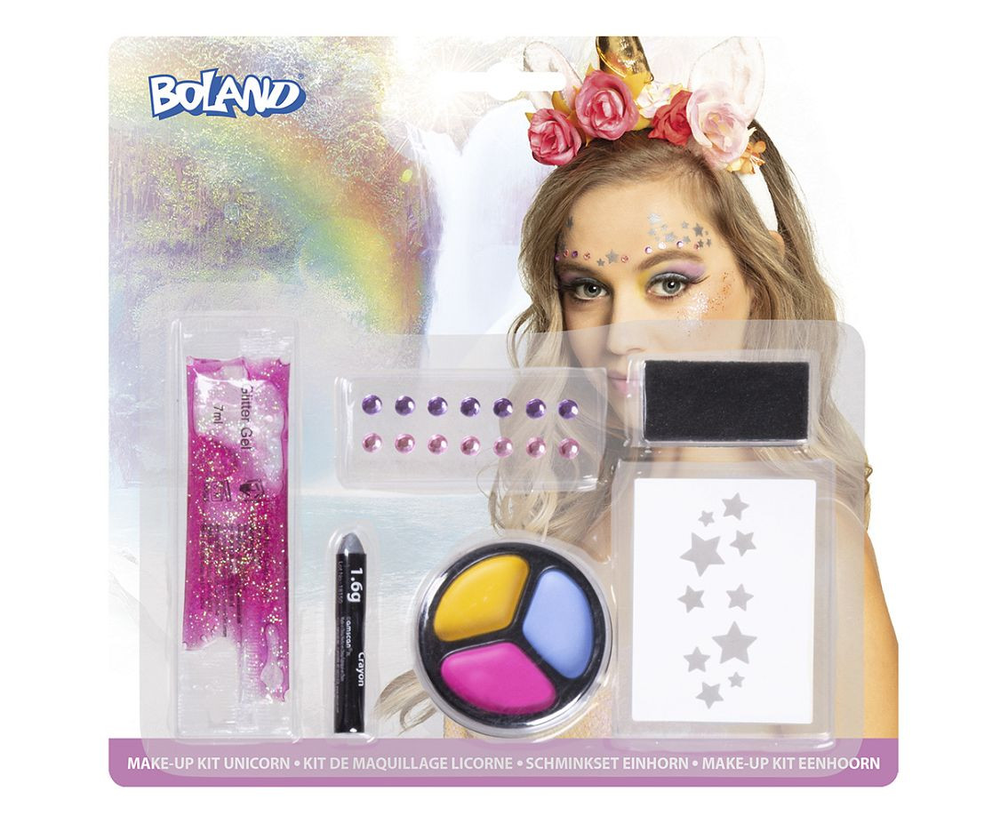 Make-up set Unicorn (stencil, sticker sheet, face paint, glitter gel, sponge, stick)