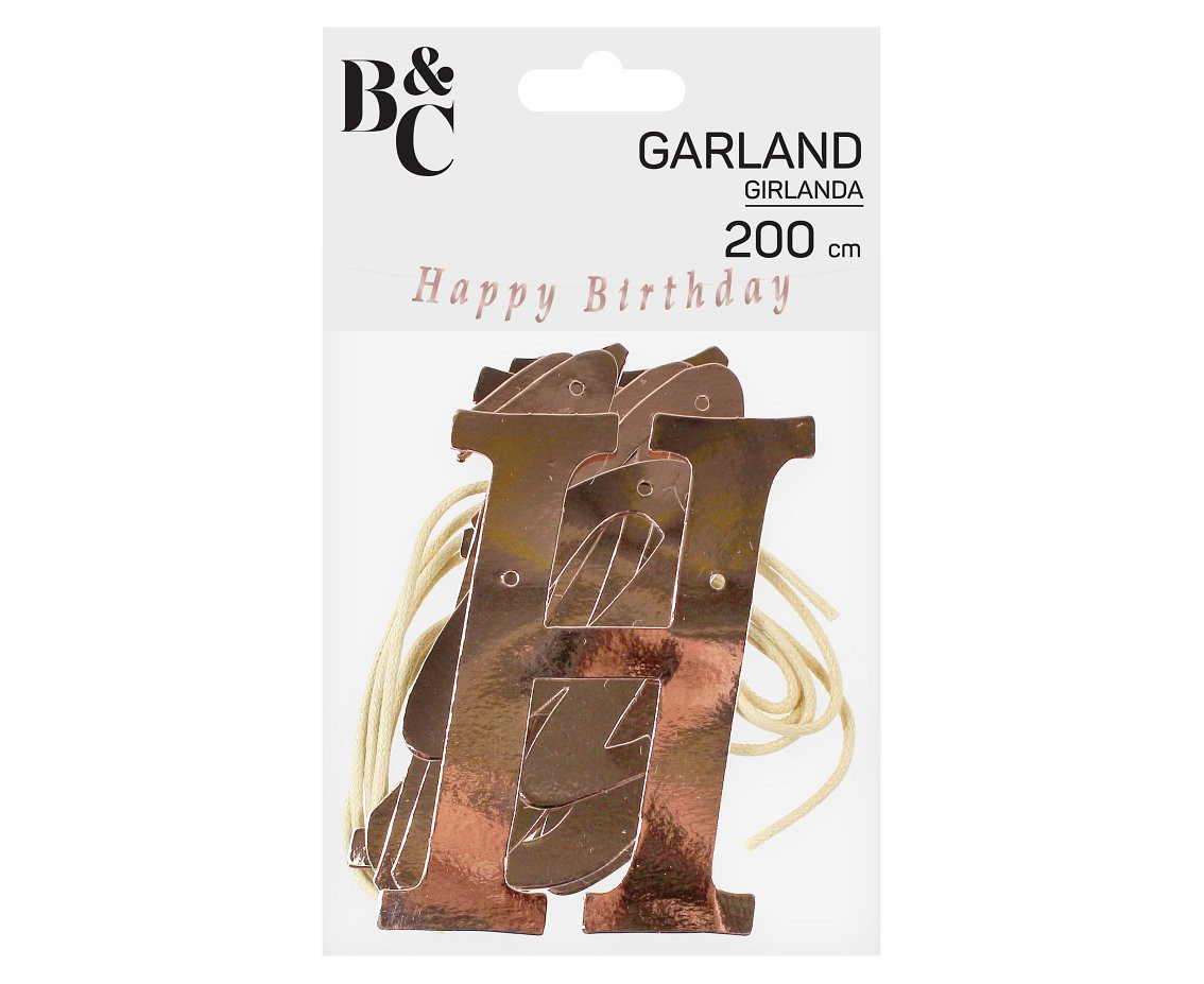 Garland B&C Happy Birthday, DIY, metallic rose gold, 11x200 cm