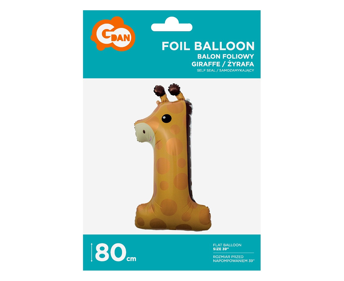 Foil balloon Giraffe - digit 1, 80 cm