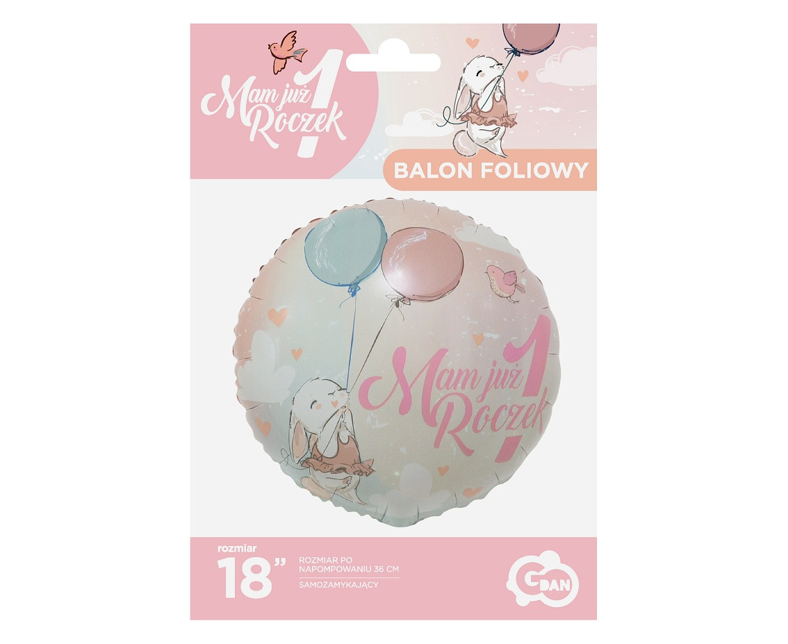 Foil balloon with Polish inscription Mam Już 1 Roczek (Bunny)