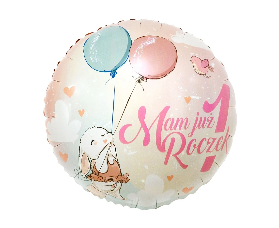 Foil balloon with Polish inscription Mam Już 1 Roczek (Bunny)