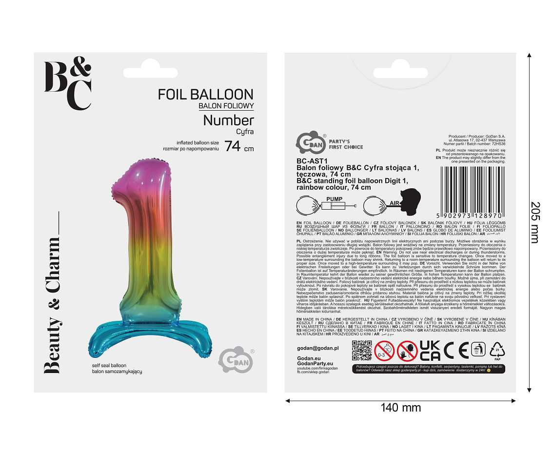 B&C standing foil balloon Digit 1, rainbow colour, 74 cm