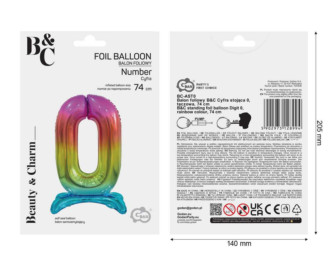 B&C standing foil balloon Digit 0, rainbow colour, 74 cm