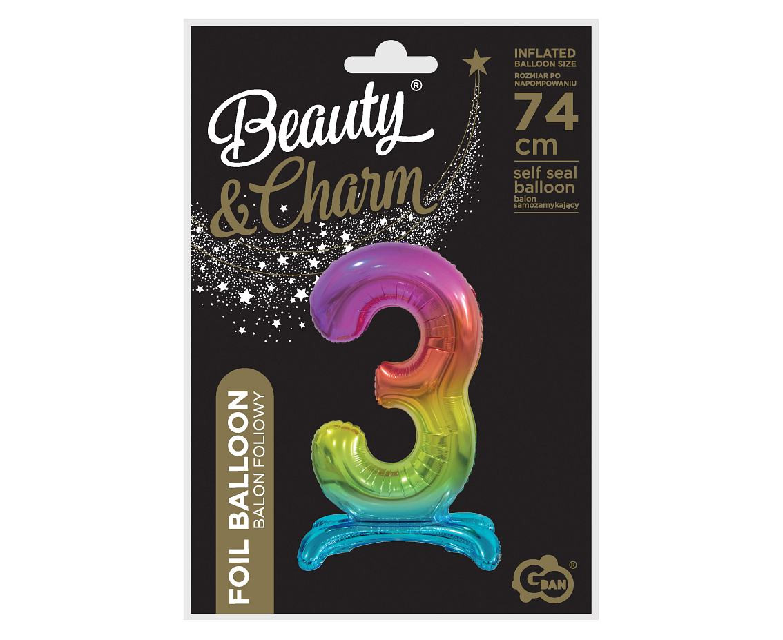 B&C standing foil balloon Digit 3, rainbow colour, 74 cm