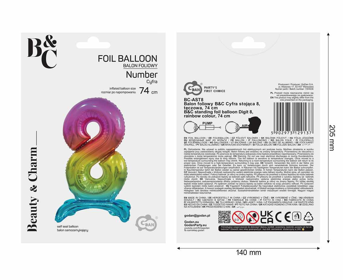 B&C standing foil balloon Digit 8, rainbow colour, 74 cm