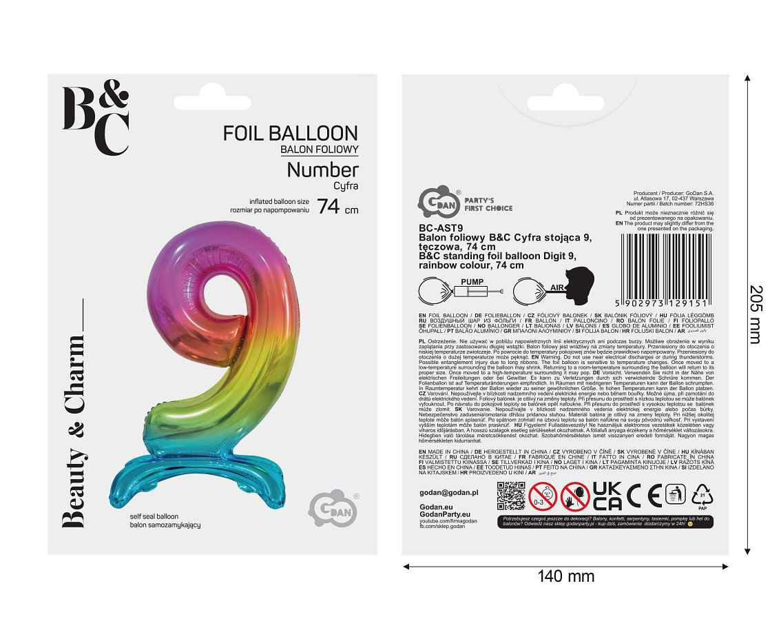 B&C standing foil balloon Digit 9, rainbow colour, 74 cm