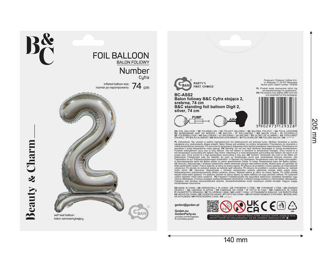 B&C standing foil balloon Digit 2, silver, 74 cm