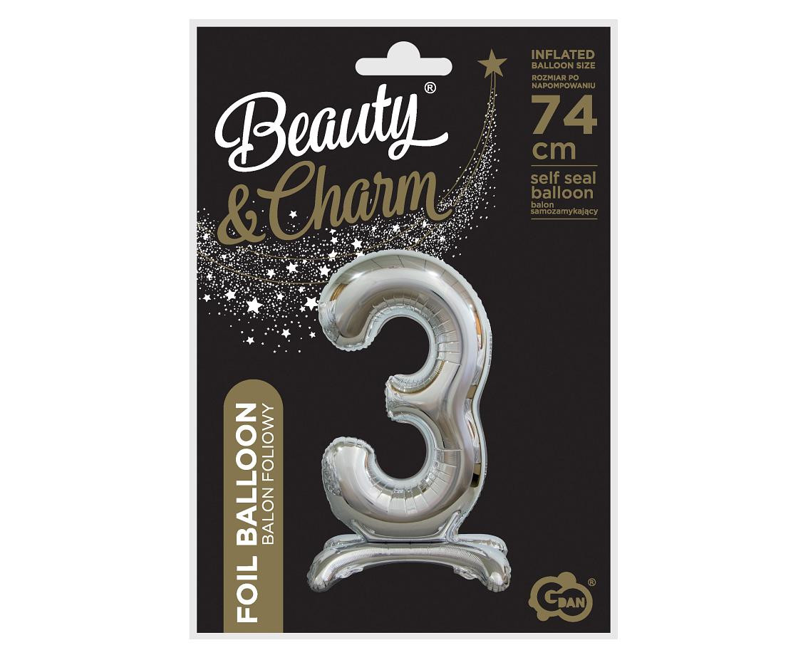 B&C standing foil balloon Digit 3, silver, 74 cm
