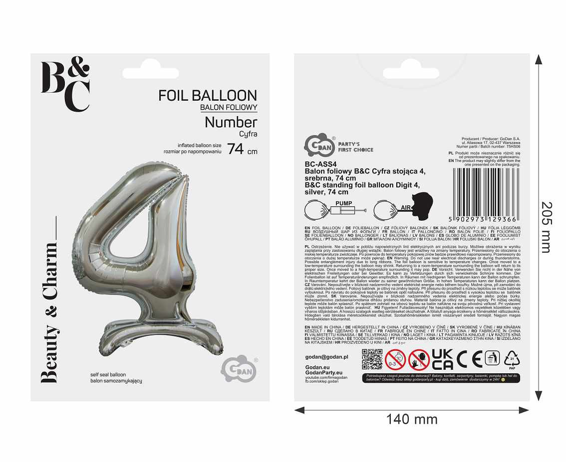 B&C standing foil balloon Digit 4, silver, 74 cm