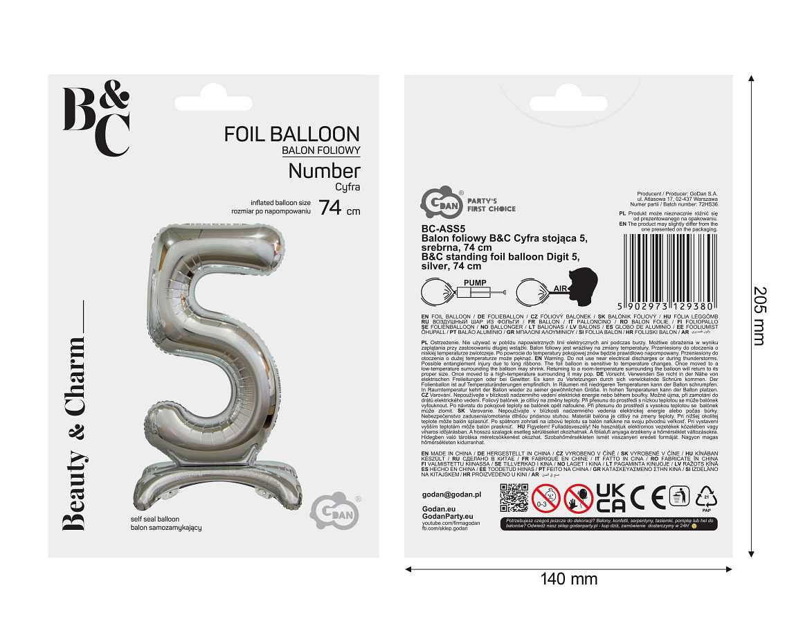 B&C standing foil balloon Digit 5, silver, 74 cm