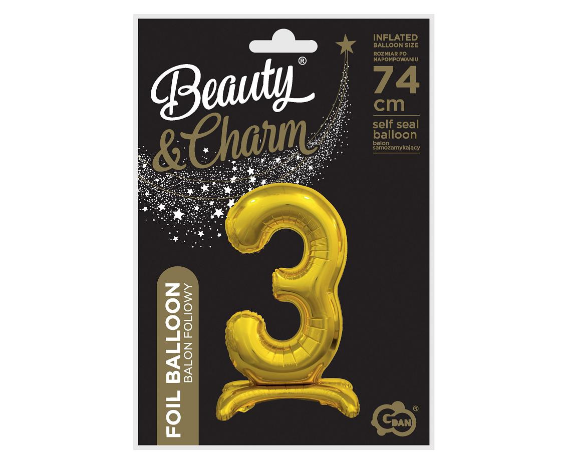 B&C standing foil balloon Digit 3, gold, 74 cm