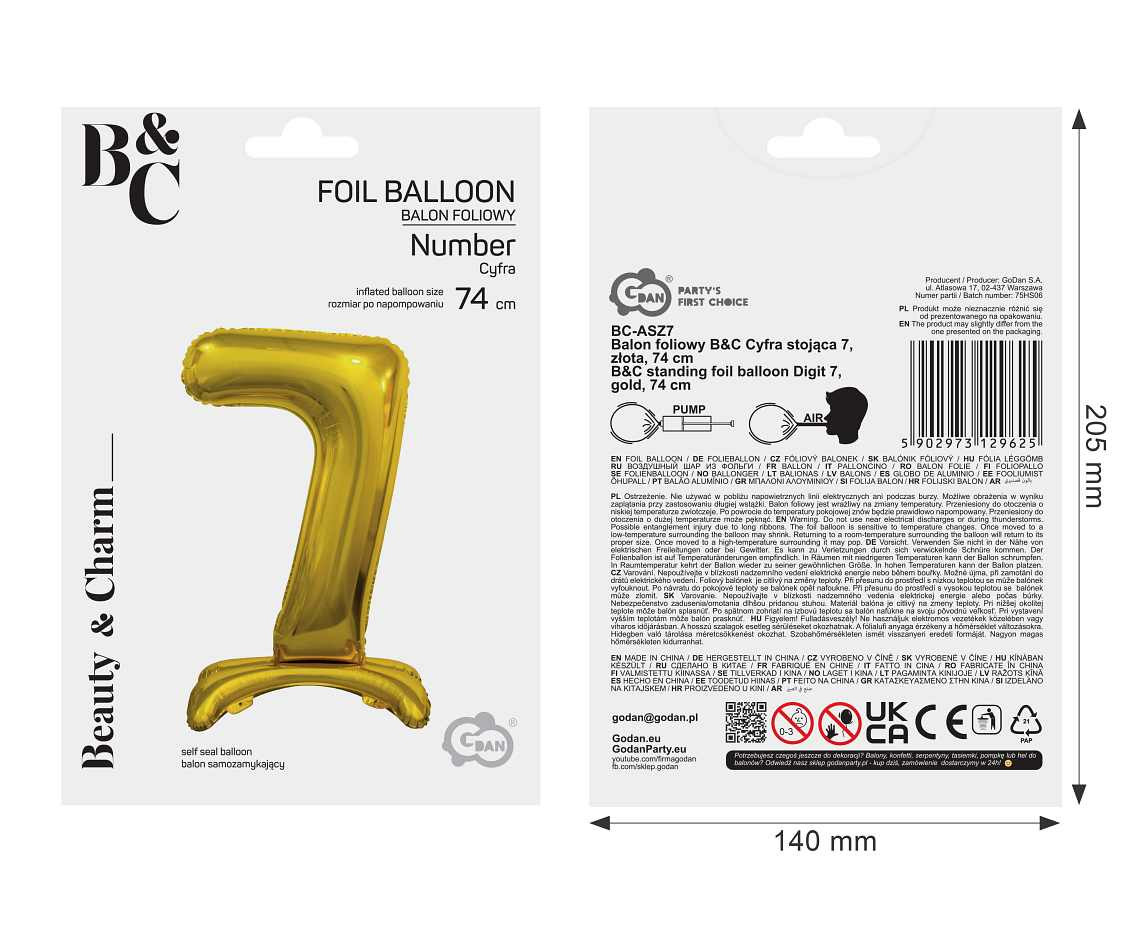 B&C standing foil balloon Digit 7, gold, 74 cm