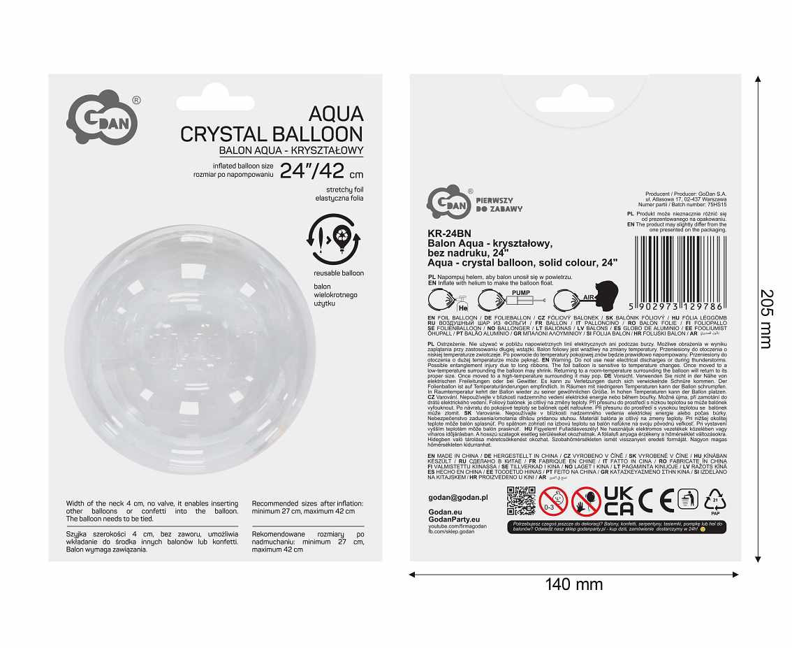 Aqua - crystal balloon, solid colour, 24"