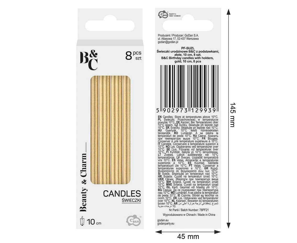 Birthday candles B&C with holders, gold 10 cm, 8 pcs.