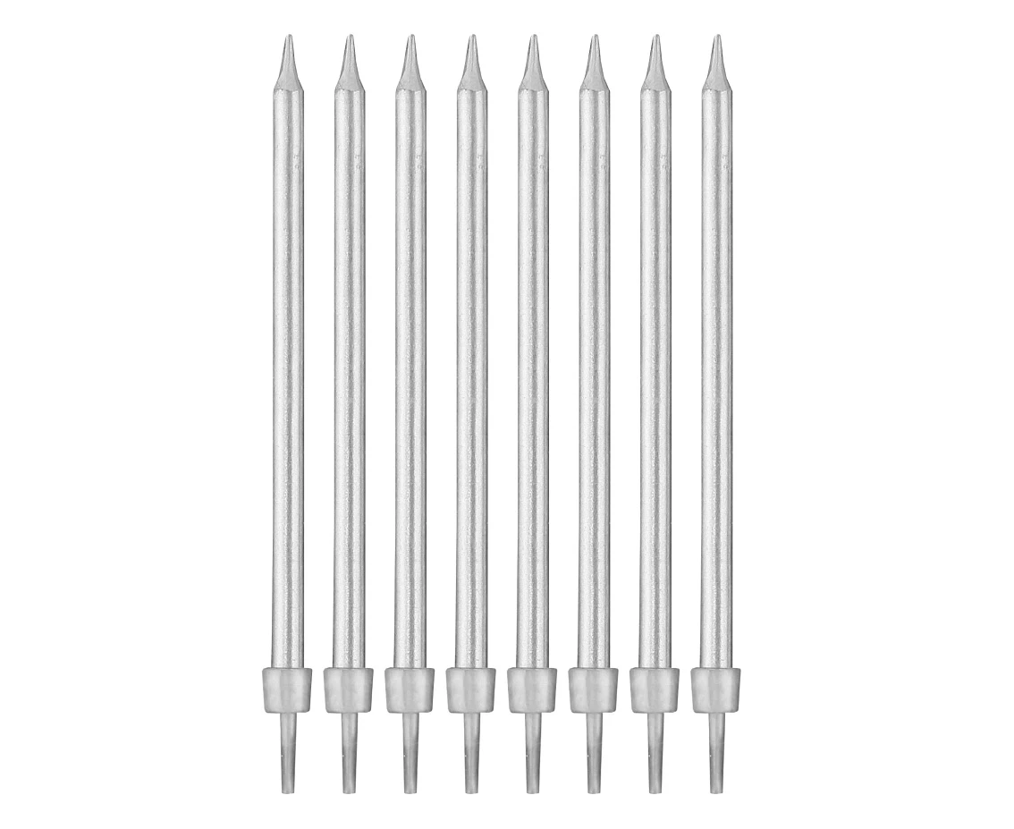 Birthday candles with holders, silver, 10 cm, 8 pcs,