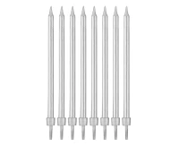 Birthday candles with holders, silver, 10 cm, 8 pcs,