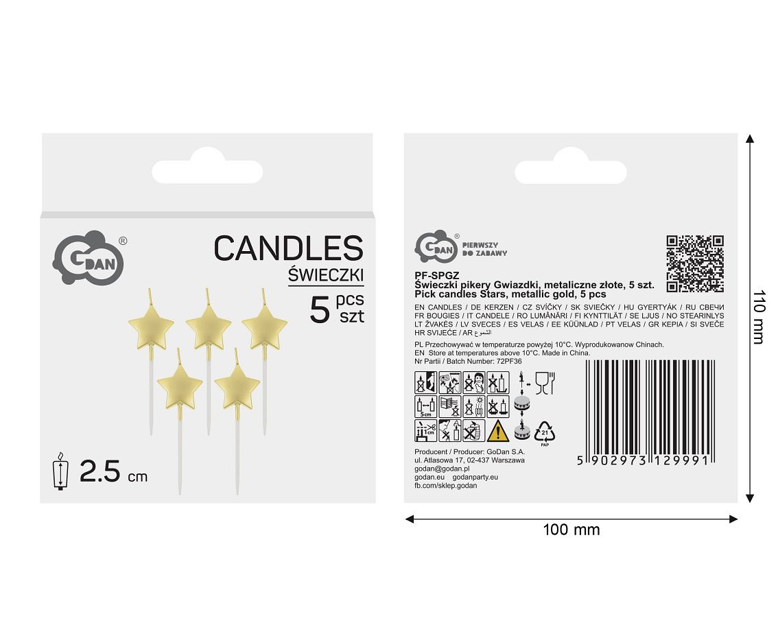 Pick candles stars, metallic gold, total length 6,5 cm, 5 pcs.