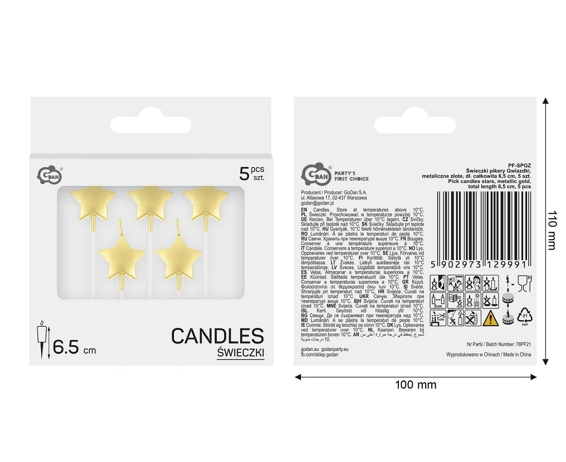 Pick candles stars, metallic gold, total length 6,5 cm, 5 pcs.