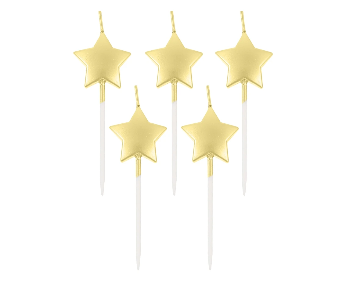 Pick candles stars, metallic gold, total length 6,5 cm, 5 pcs.