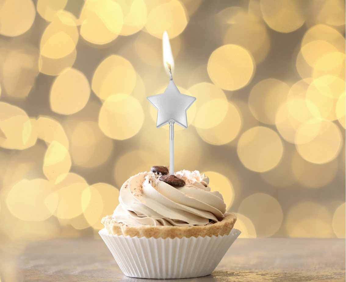 Pick candles Stars, metallic silver, total length 6,5 cm, 5 pcs.