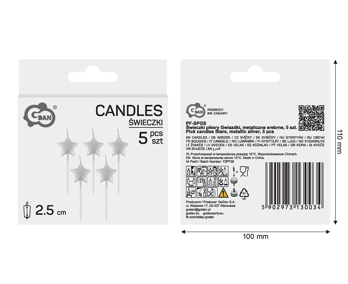 Pick candles Stars, metallic silver, total length 6,5 cm, 5 pcs.