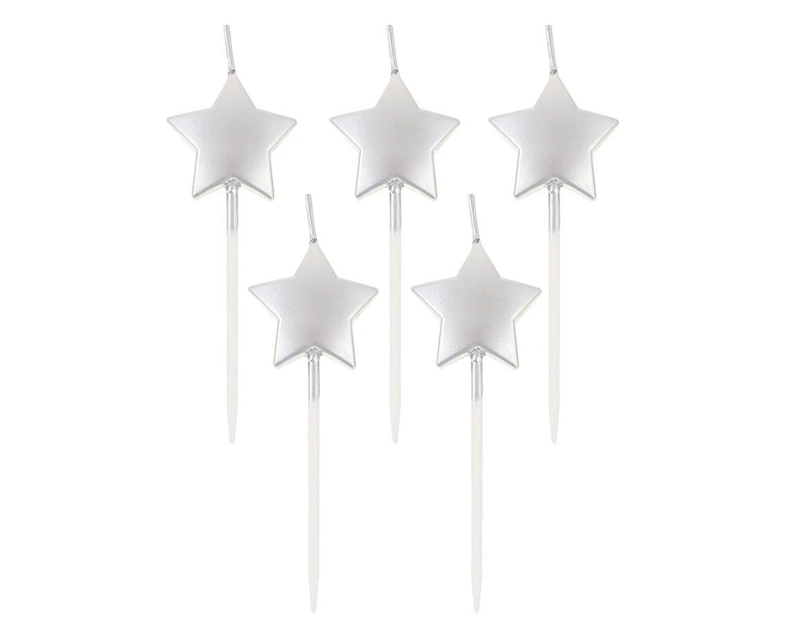Pick candles Stars, metallic silver, total length 6,5 cm, 5 pcs.