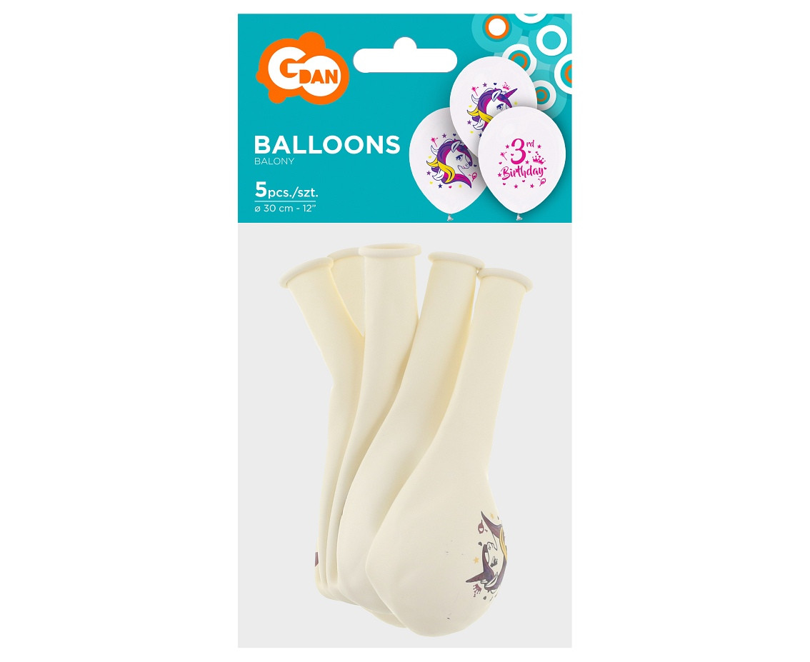 3rd Birthday balloons (Unicorns), 12" / 5 pcs. EOL