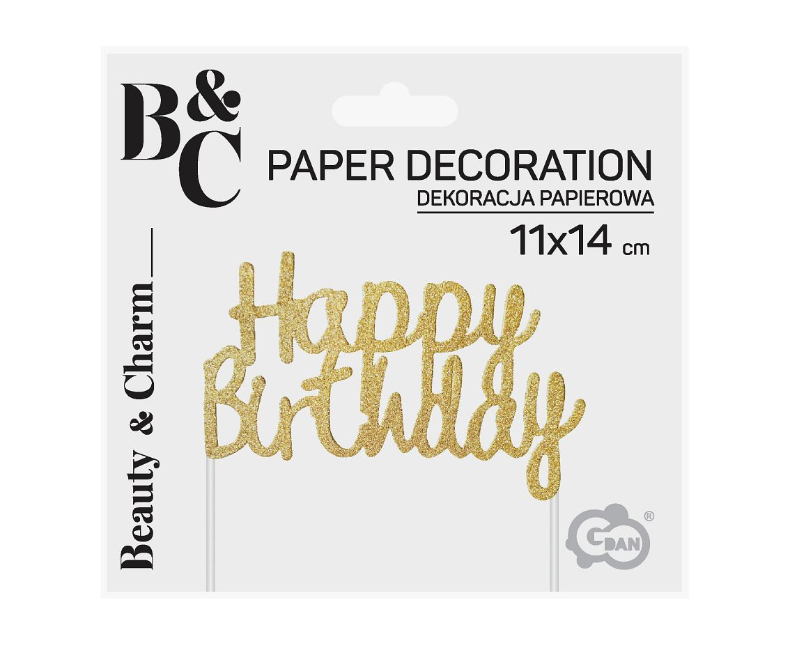 Paper decoration Happy Birthday, gold, 11x14 cm