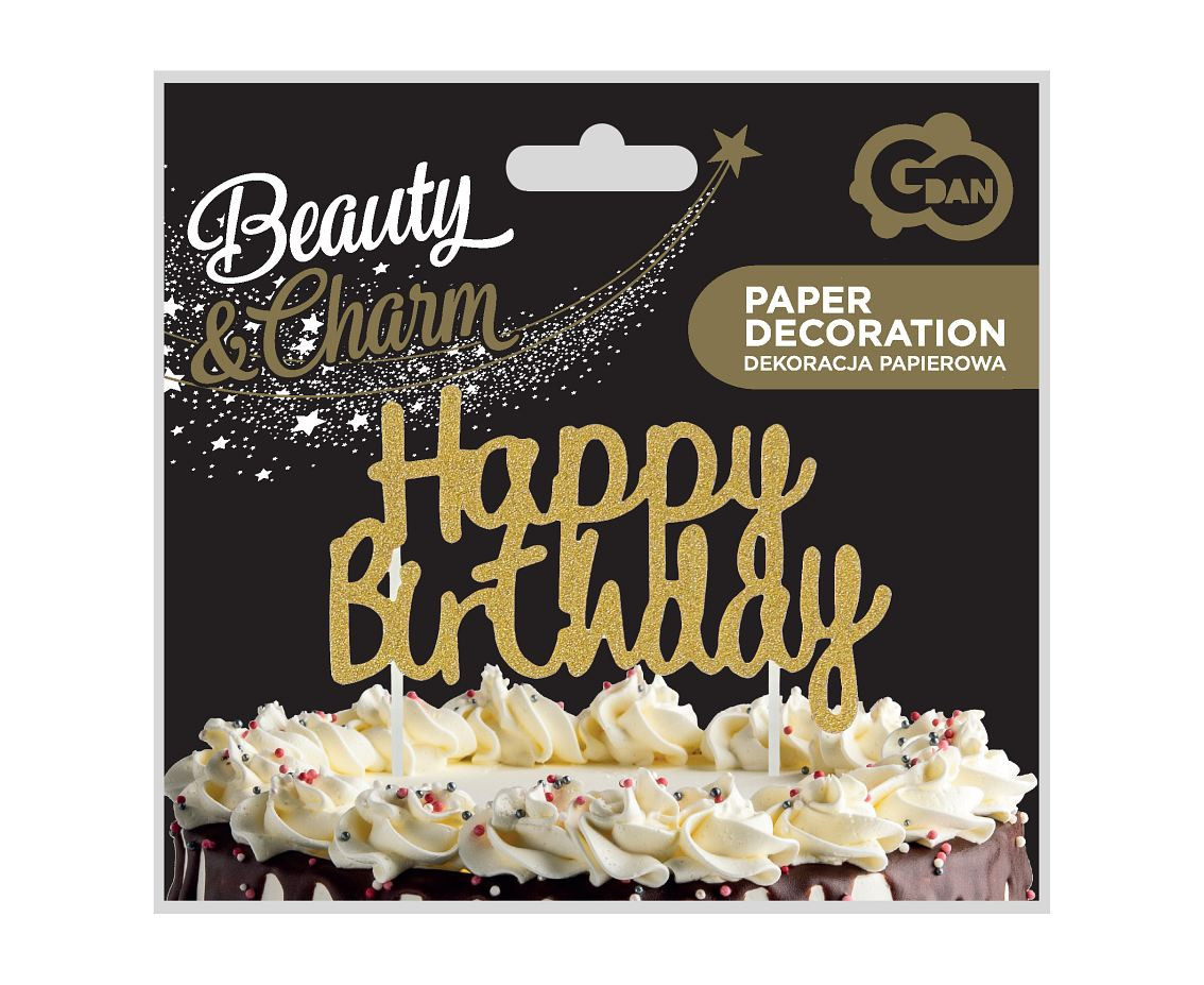 Paper decoration Happy Birthday, gold, 11x14 cm