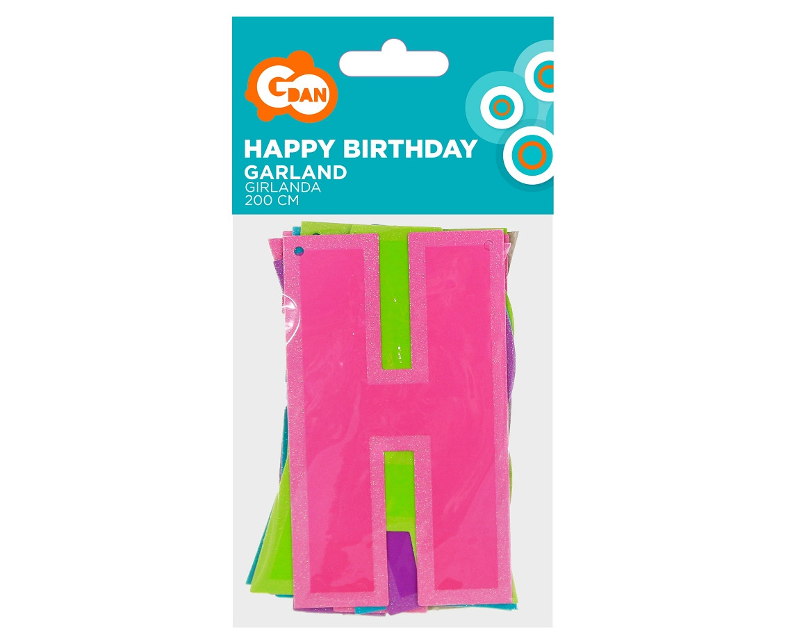 Glitter paper garland Happy Birthday, colorful, 200 cm EOL