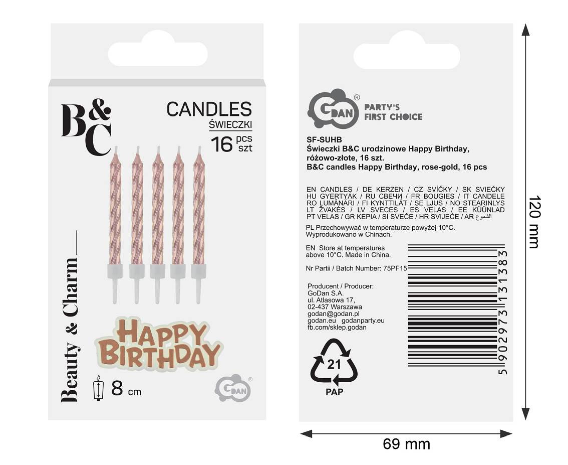 Birthday candles B&C with holders, rose gold 10 cm, 16 pcs.