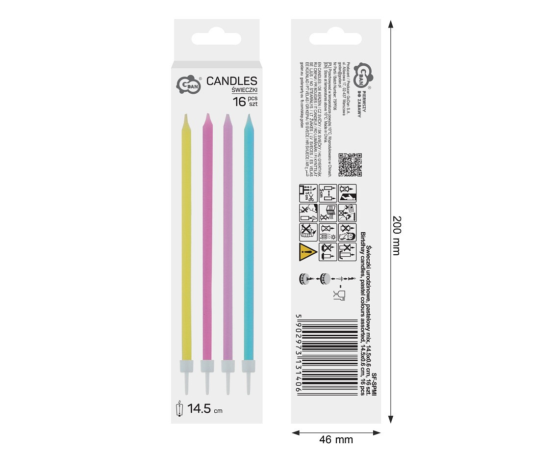 Birthday candles, pastel colours assorted, 14.5x0.6 cm, 16 pcs