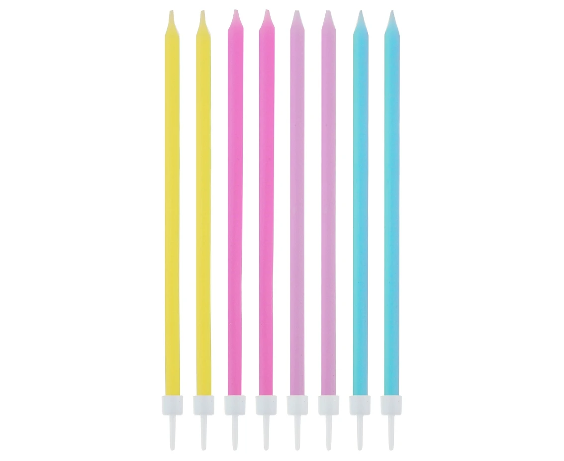 Birthday candles, pastel colours assorted, 14.5x0.6 cm, 16 pcs