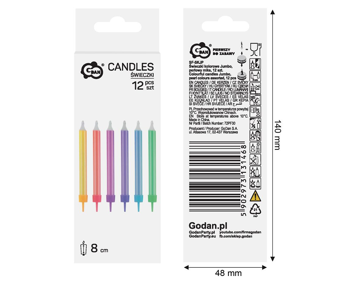 Colourful candles Jumbo, pearl colours assorted, 12 pcs