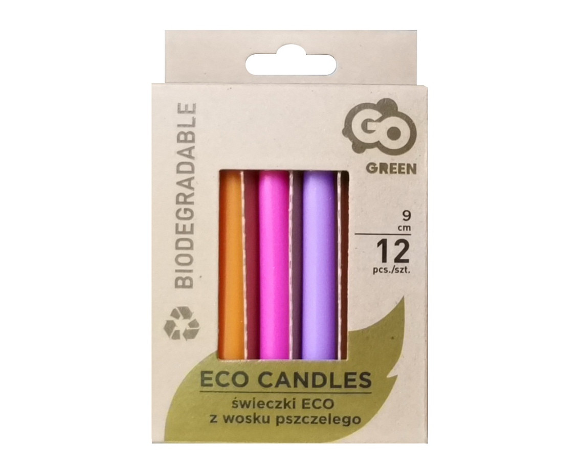 Eco birthday candles, bee wax, assorted, size 9 x 1 cm, 12 pcs EOL
