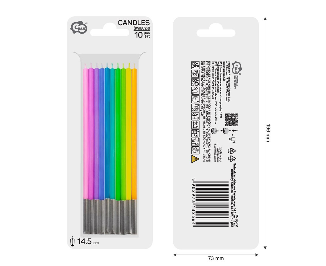 Birthday candles Pastels, size 14.5 cm, 10 pcs.